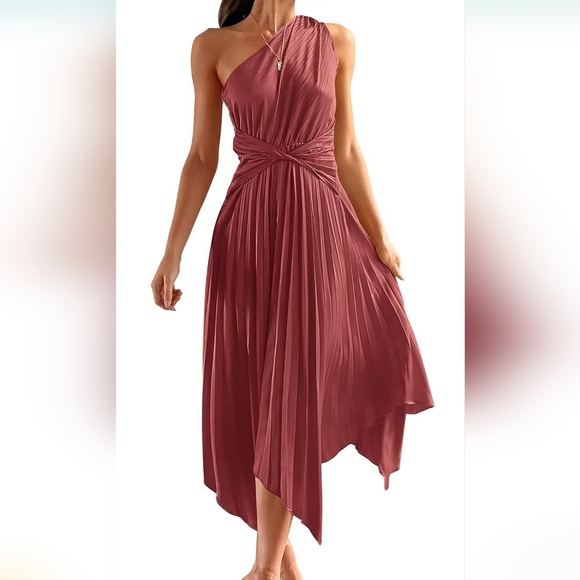 Dresses & Skirts - Elegant Mauve One Shoulder Pleated Dress XL